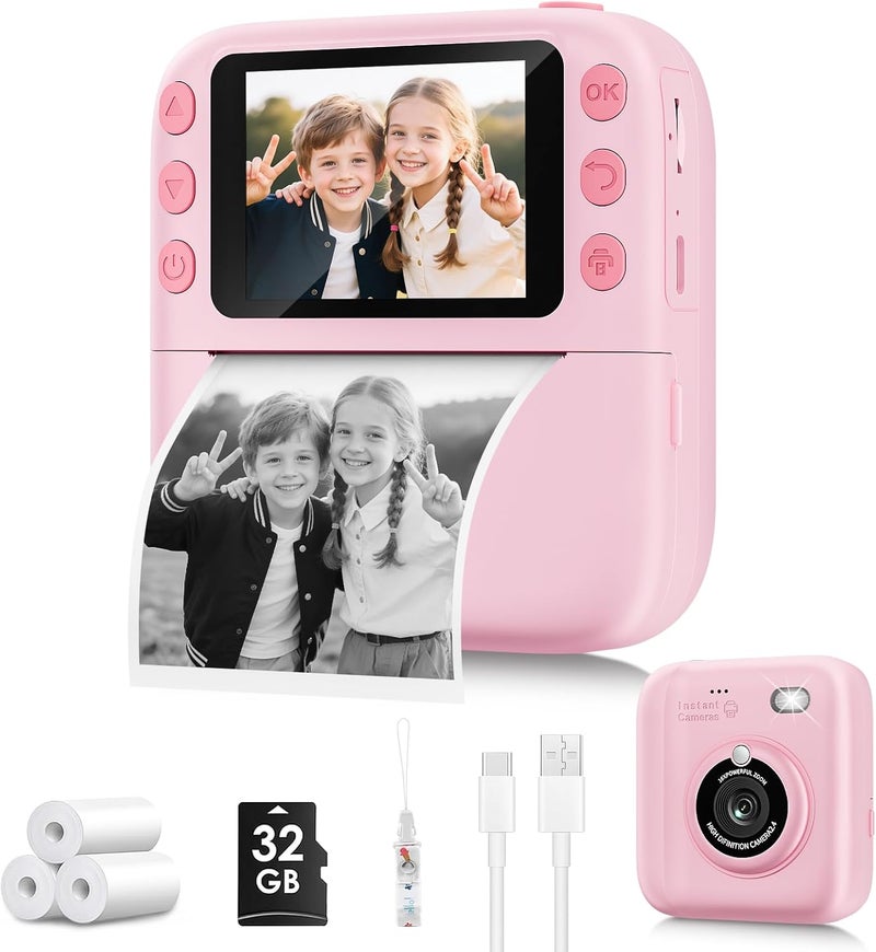Yusuuo Instant Print Camera for Kids, Christmas Birthday Gifts for Girls Boys, 1080P Instant Digital Print Cameras for Toddler,Portable Toy for 4 5 6 7 8 9 10 Year Old Girl with 32GB SD Card，Pink - Image 1